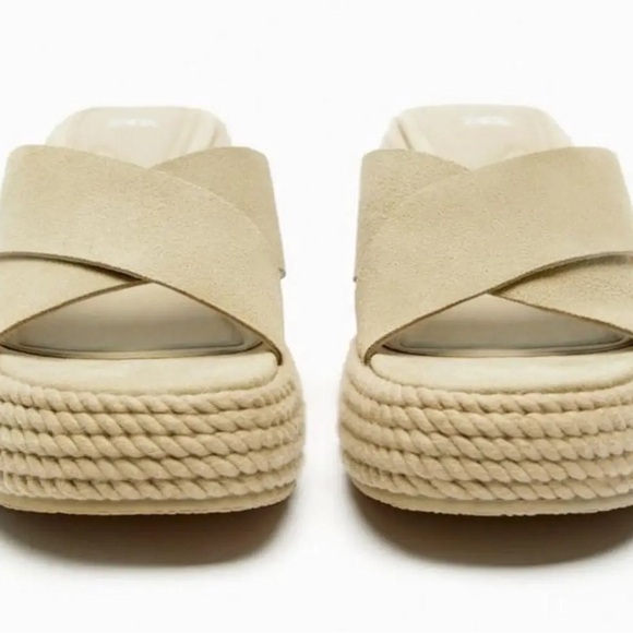 Zara Suede Leather Criss Cross Platform Chunky Espadrille Sandals - Picture 2 of 7